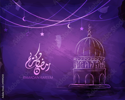 Illustration of Ramadan kareem and Ramadane mubarak. beautiful watercolor of Mosque  and arabic islamic calligraphy.traditional greeting card wishes holy month moubarak and karim for muslim and arabic