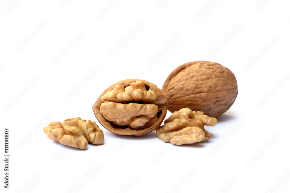 Pile of walnuts isolated on white background