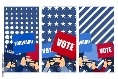 Election campaign, election vote, election poster, holding posters, election banner, supporting team, voters support, people with placards. Vector.