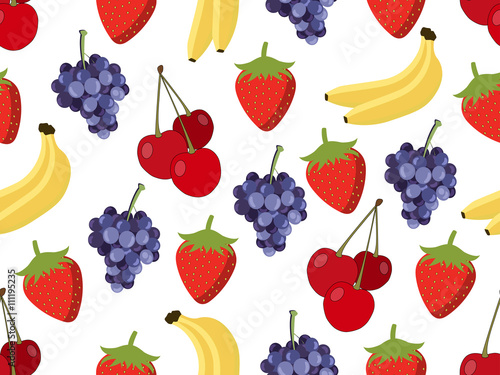 Fototapeta Naklejka Na Ścianę i Meble -  Set of seamless pattern with fruit. Pattern of bananas, cherries, strawberries and grapes. Vector background.