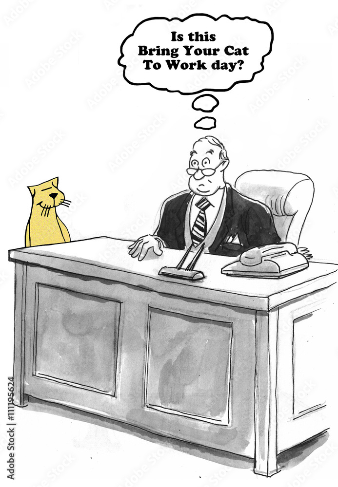 Business cartoon about 'bring your cat to work' day. Stock Illustration