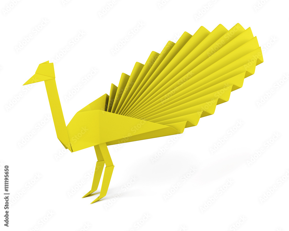 Obraz premium Origami peacock made of paper isolated on white background. Yellow paper peacock. Side view. 3d rendering