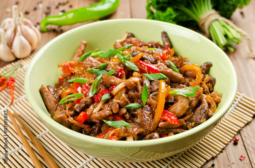 Stir fry pork, sweet peppers, onions and garlic Stir fry pork, sweet peppers, onions and garlic
