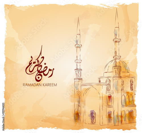 Illustration of Ramadan kareem and Ramadane mubarak. beautiful watercolor of Mosque  and arabic islamic calligraphy.traditional greeting card wishes holy month moubarak and karim for muslim and arabic