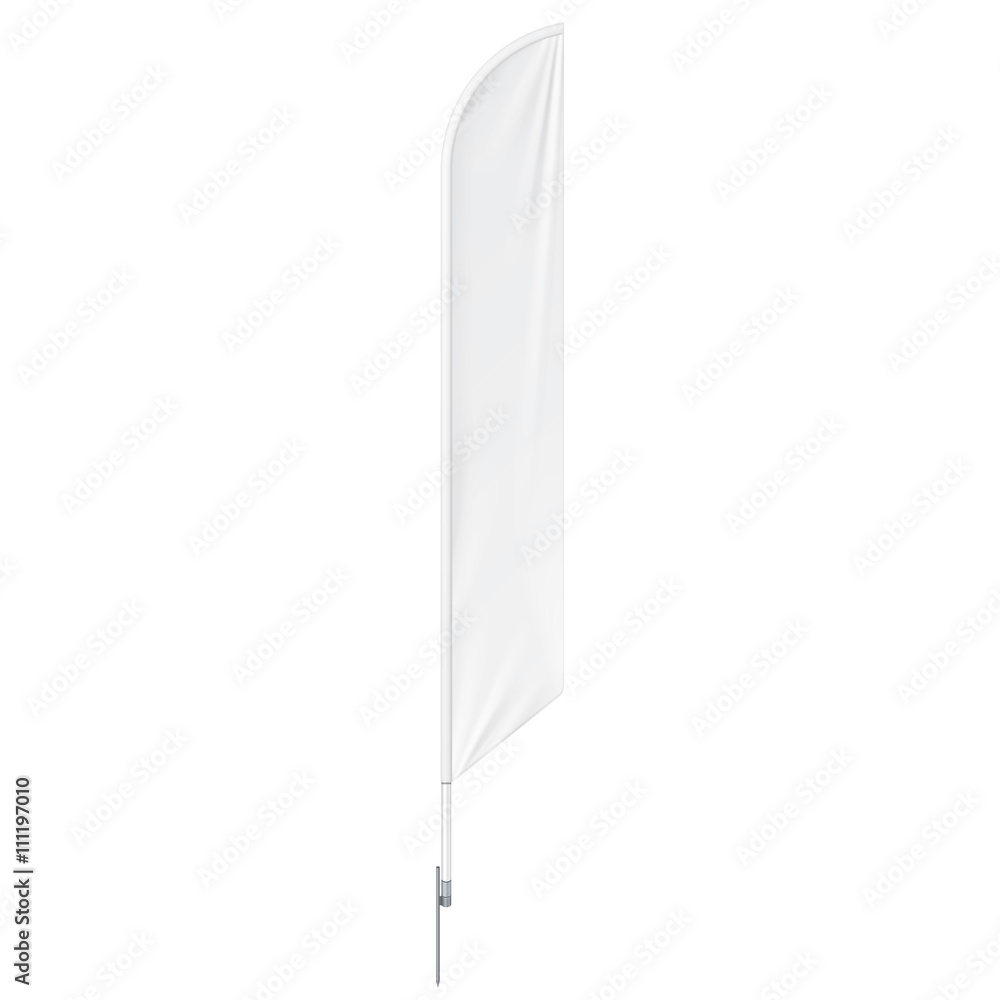 White Outdoor Feather Flag With Ground Spike, Stander Advertising Banner Shield. Mock Up Products On White Background Isolated. Ready For Your Design. Product Packing. Vector EPS10 White Outdoor Feather Flag With Ground Spike, Stander Advertising Banner Shield. Mock Up Products On White Background Isolated. Ready For Your Design. Product Packing. Vector EPS10
