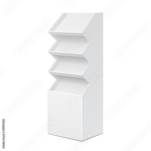 Two Side White POS POI Cardboard Floor Display Rack For Supermarket Blank Empty Displays With Shelves Products On White Background Isolated. Ready For Your Design. Product Packing. Vector EPS10 