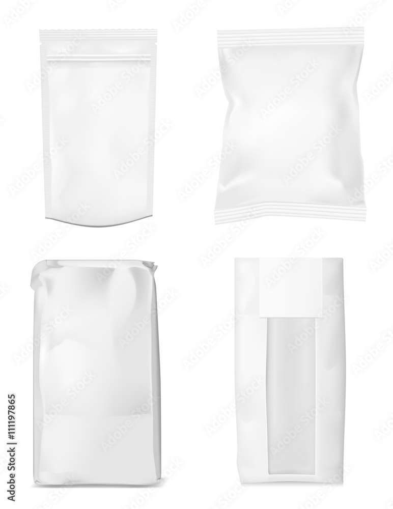 Paper bag for flour, tea, coffee, pasta, chips. Vector white sof Paper bag for flour, tea, coffee, pasta, chips. Vector white sof