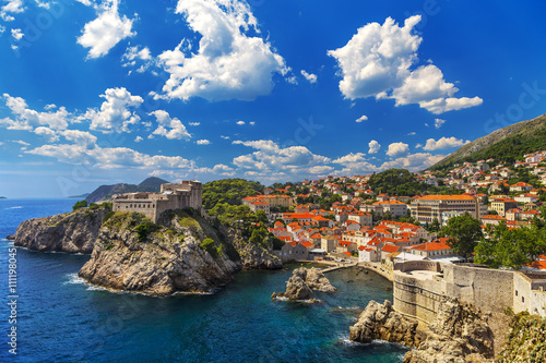 Croatia. South Dalmatia. General view of Dubrovnik - Fortresses Lovrijenac (left side) and Bokar seen from south old walls (it is on UNESCO World Heritage List since 1979)