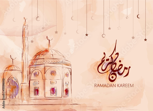 Illustration of Ramadan kareem and Ramadane mubarak. beautiful watercolor of Mosque  and arabic islamic calligraphy.traditional greeting card wishes holy month moubarak and karim for muslim and arabic