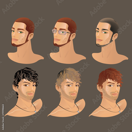 Avatars of male faces with different haircuts and hairstyles. Vector Illustration