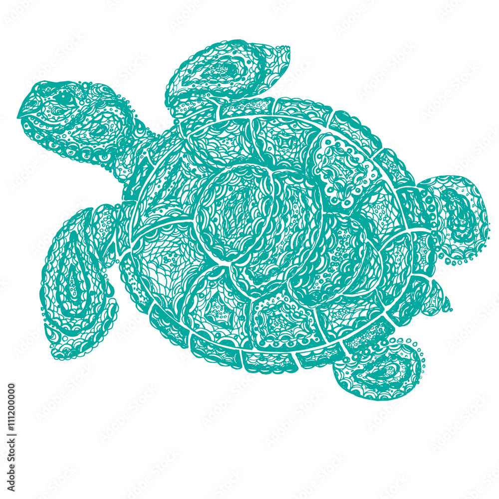 Fototapeta premium Sea turtle illustration in paisley mehndi style. The tortoise reptile animal. Tattoo style tortoise-shell. Turtle in decorative doodle style.