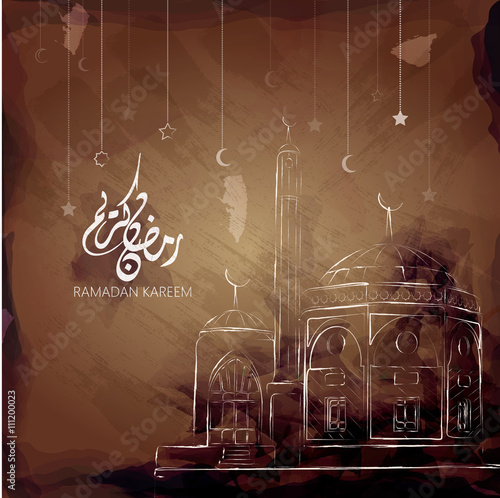 Illustration of Ramadan kareem and Ramadane mubarak. beautiful watercolor of Mosque  and arabic islamic calligraphy.traditional greeting card wishes holy month moubarak and karim for muslim and arabic