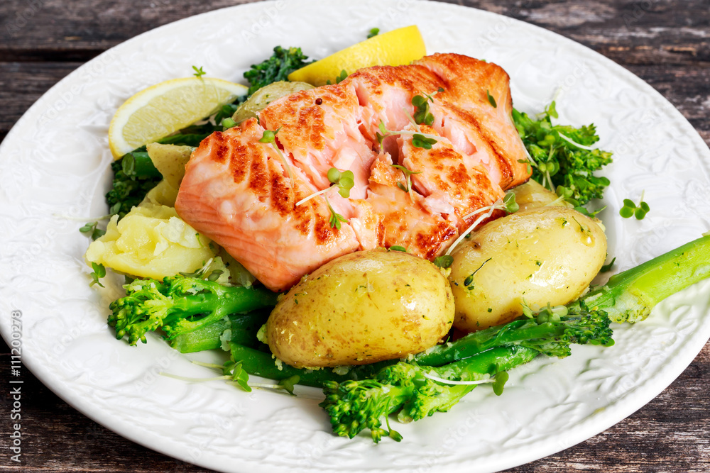 Pan fried Salmon Served with potatoes and tenderstem broccoli. Pan fried Salmon Served with potatoes and tenderstem broccoli.
