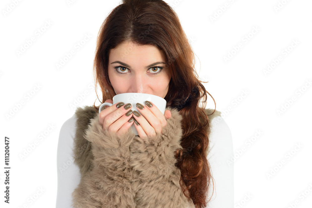 beautiful woman in fur with cup of beverage beautiful woman in fur with cup of beverage