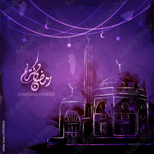 Illustration of Ramadan kareem and Ramadane mubarak. beautiful watercolor of Mosque  and arabic islamic calligraphy.traditional greeting card wishes holy month moubarak and karim for muslim and arabic