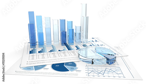 Blue Graphs and Charts. 3D render of financial documents with graphs and pie charts of glass. photo
