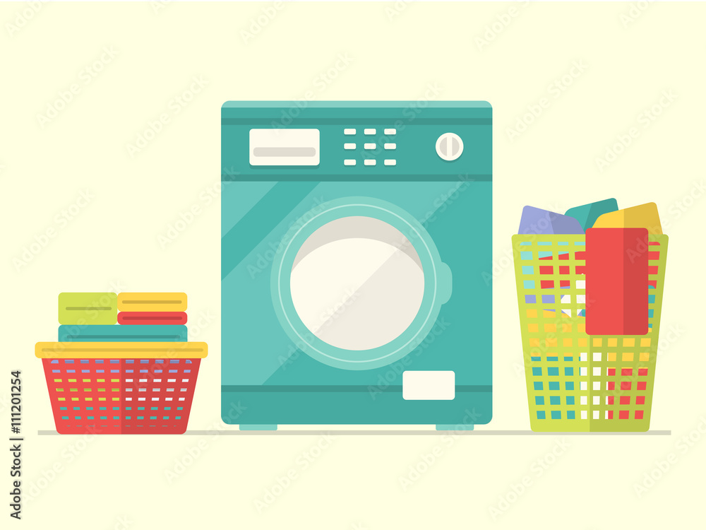Washing Machine with Basket of Clean and Dirty Laundry. Flat Design Style. Washing Machine with Basket of Clean and Dirty Laundry. Flat Design Style.