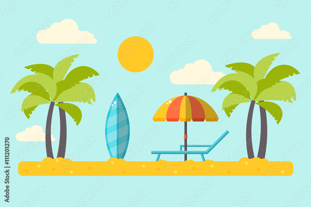 Summer Vacation by the Beach. Flat Design Style. 