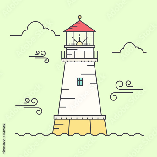 Line vector illustration of lighthouse. Flat design style.
