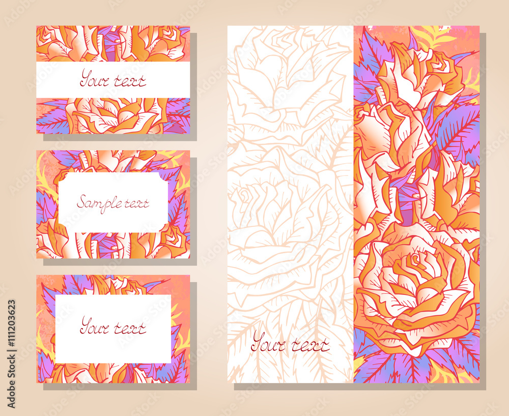 Vector set of templates invitations or greeting cards with hand drawn roses.