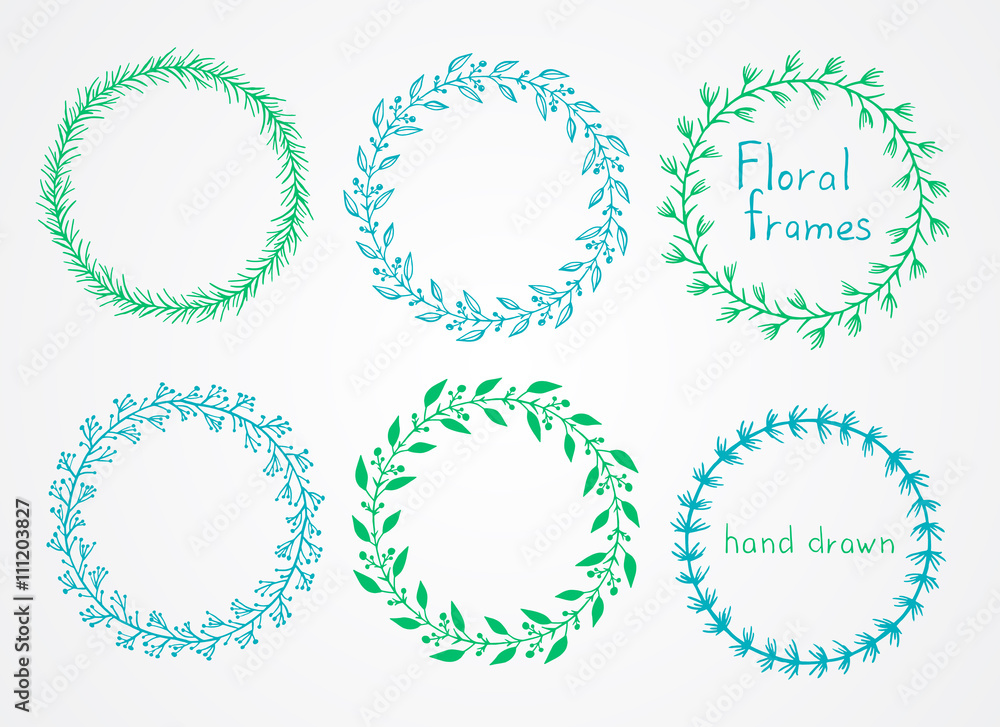 Vector set of floral hand drawn round frames.