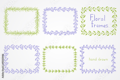 Vector set of floral hand drawn rectangular frames.