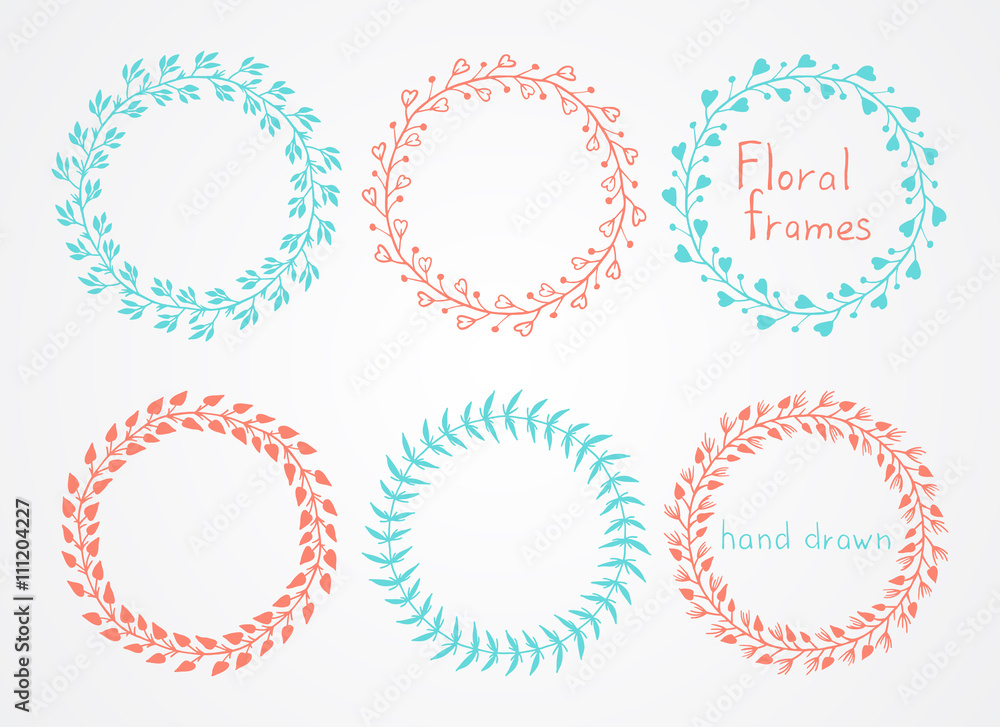 Vector set of floral hand drawn round frames. Vector set of floral hand drawn round frames.