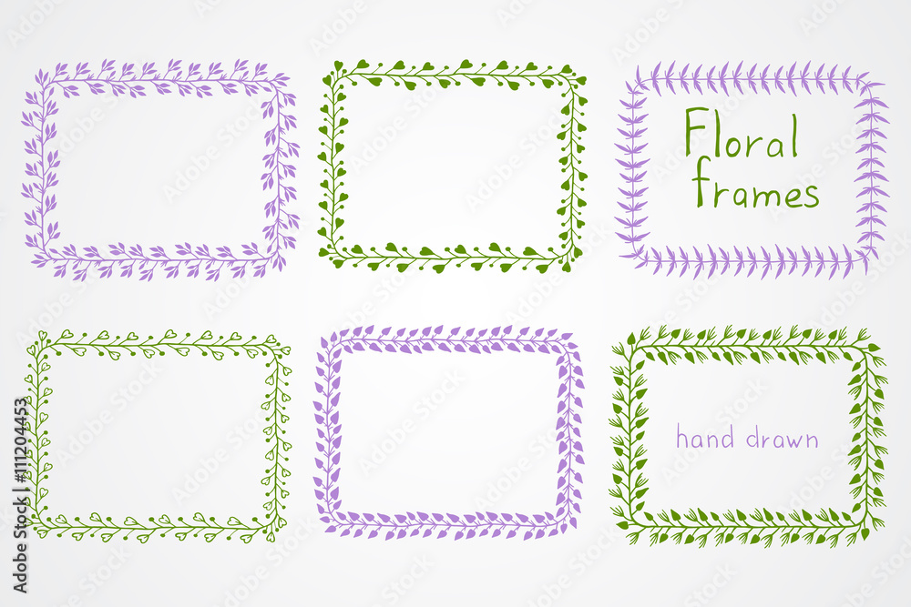 Vector set of floral hand drawn rectangular frames.