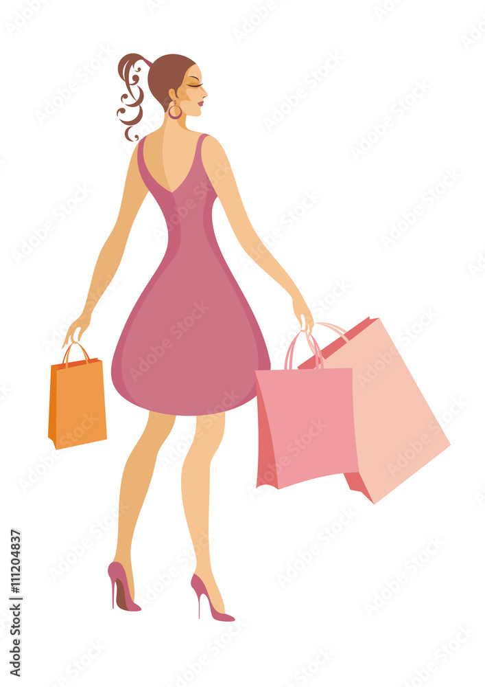 the young beautiful girl in a sundress holds bags with purchases