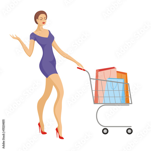 the young beautiful woman rolls the cart with purchases