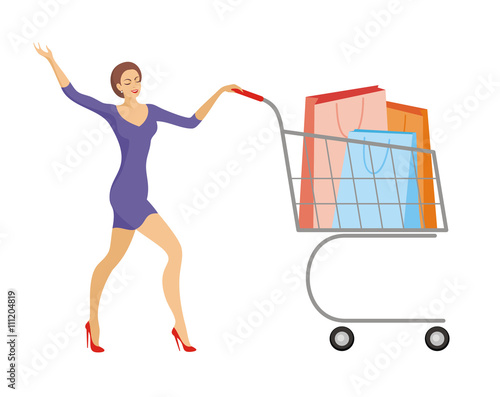 the young beautiful woman rolls the huge cart with purchases