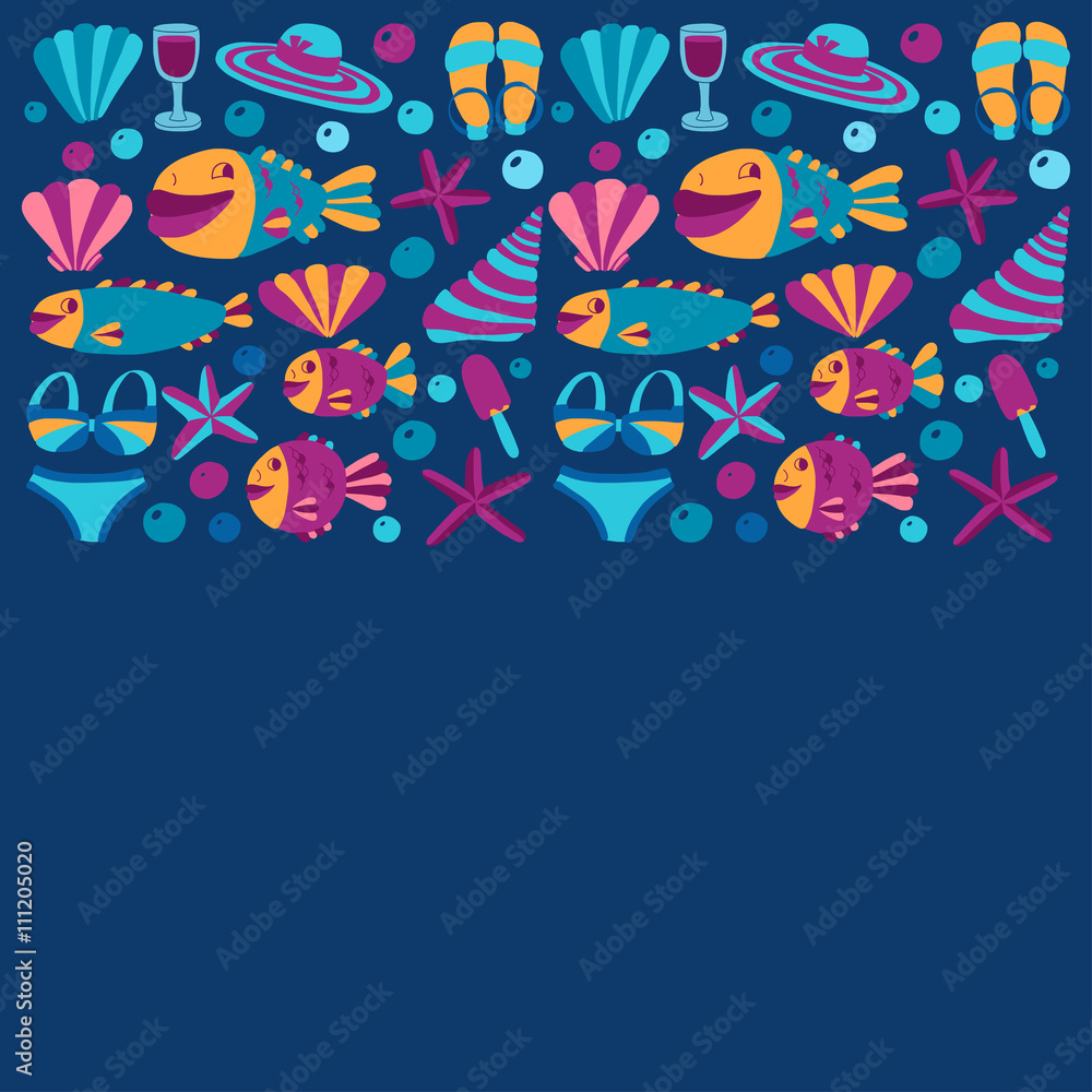 Vector flat hand drawn icons Beach and tropical vacation