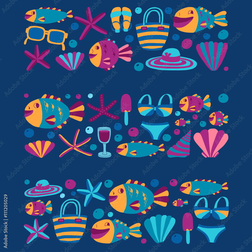 Vector flat hand drawn icons Beach and tropical vacation Vector flat hand drawn icons Beach and tropical vacation