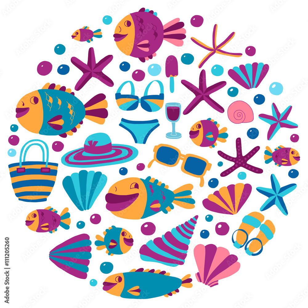 Vector flat hand drawn icons Beach and tropical vacation