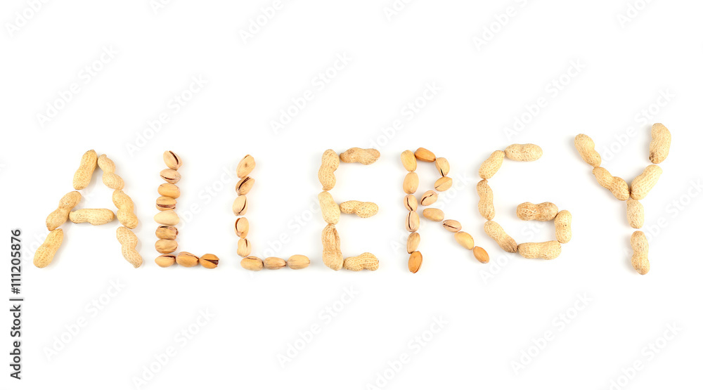 Word ALLERGY made with nuts isolated on white Word ALLERGY made with nuts isolated on white