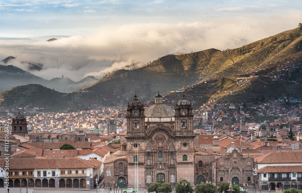 Beatiful sun rise at La Catedral del Cuzco, Plaza de Arms, Cusco