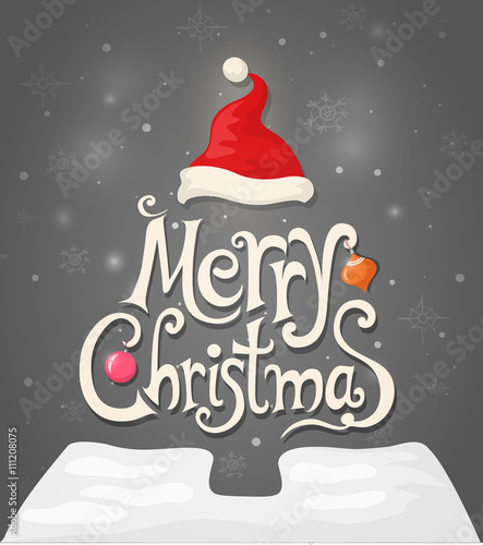 Christmas card with tree, hat and calligraphic on a dark backgro