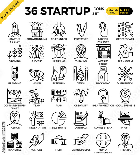 Startup business pixel perfect outline icons