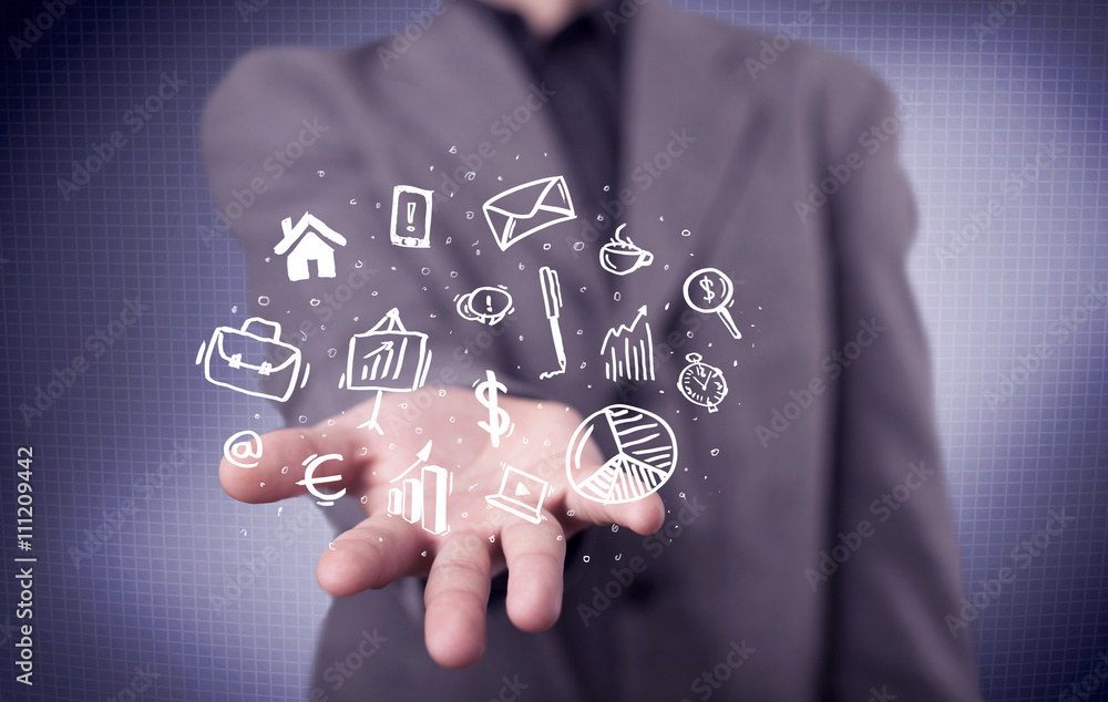 Office worker with drawn icons in the palm Office worker with drawn icons in the palm