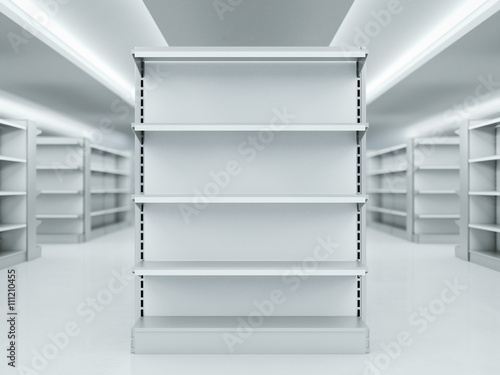 Metal clean shelves in market. 3d rendering photo