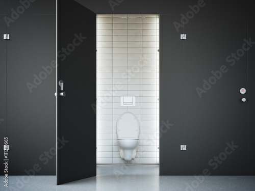 Opened public toilet cubicle with dark door. 3d rendering