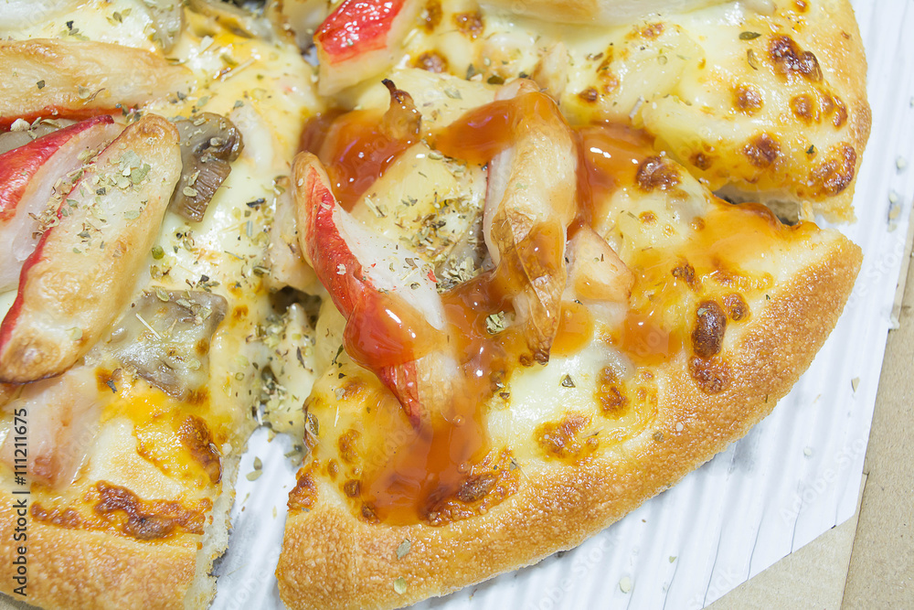 Crab Stick Pizza and Good smell of smoked chicken with Tomato sauce. Crab Stick Pizza and Good smell of smoked chicken with Tomato sauce.