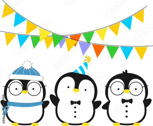 cute three little penguins with hat and party pennants isolated on white