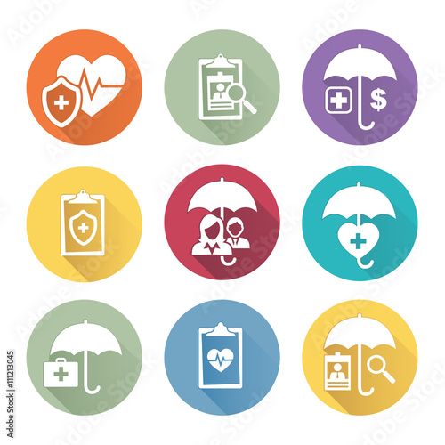 Medical Healthcare Insurance Icons with People Figures and Heart, EKG, and Insured Symbols