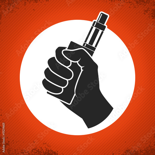Vape label. Vector hand holding e-cigarette. Vape symbol on retro grunge background. Smoking device in a hand.