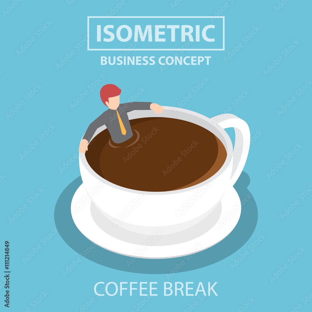 Isometric businessman relaxing in a cup of coffee