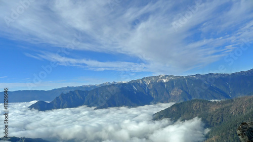 Clouds and Mountains viewed along the road from Dirang to Tawang valley over the Se La Pass, Arunachal Pradesh, India