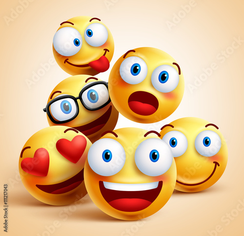 Smiley faces group of vector emoticon characters with funny facial expressions. 3D realistic vector illustration
