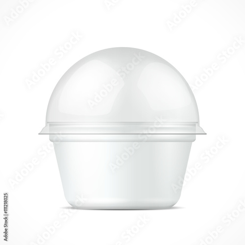 White Food Plastic Tub Bucket Container For Dessert, Yogurt, Ice Cream, Sour Cream Or Snack. Illustration Isolated On White Background. Mock Up Template Ready For Your Design. Vector EPS10