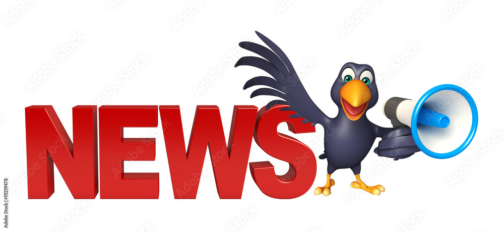 fun Crow cartoon character with loud speaker and news sign